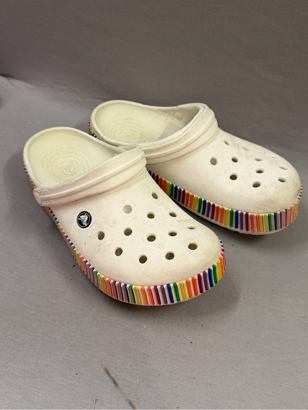 Crocs men’s 7 womens 9 white rainbow trim